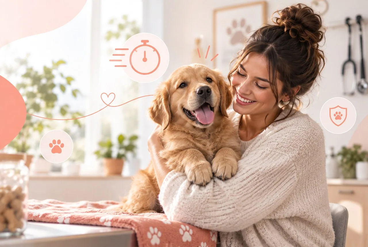 Woman holding a golden-colored dog in a softly lit home illustration
